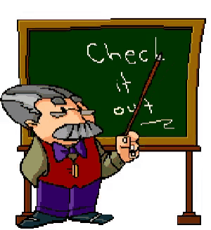 a cartoon of a man pointing at a blackboard that says check