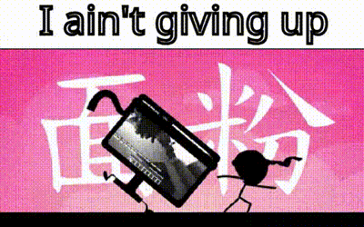 a stick figure is holding a computer monitor on a pink background with chinese characters .