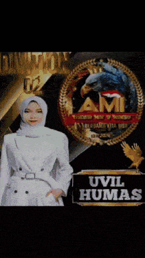 a woman wearing a hijab is standing in front of a logo for am