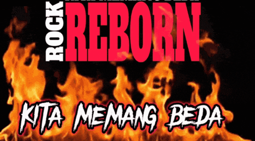 a poster for rock reborn with flames behind it