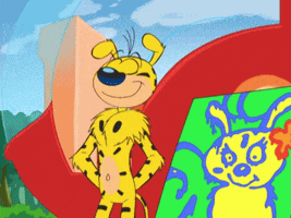 a cartoon dog is standing next to a painting of a yellow dog