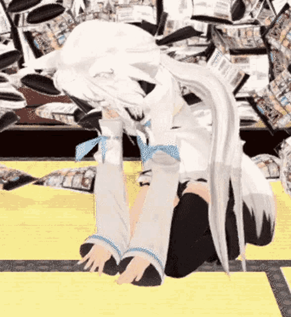 a cartoon character is kneeling down in front of a pile of magazines .