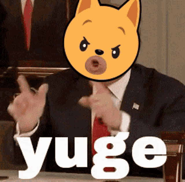 a man in a suit and tie has a cat mask on his face and the word yuge in white letters