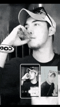 a black and white photo of a man wearing a hat and a bracelet that says coo on it