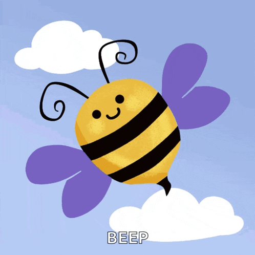 a bee with purple wings is flying in the sky and the word beep is above it