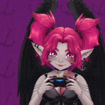 a girl with pink hair and black wings holds a game controller