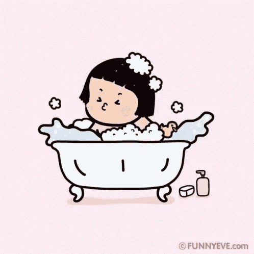 a cartoon girl is taking a bath in a bathtub with a duck .