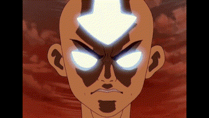 a close up of a cartoon character 's face with glowing eyes and an arrow in his head .