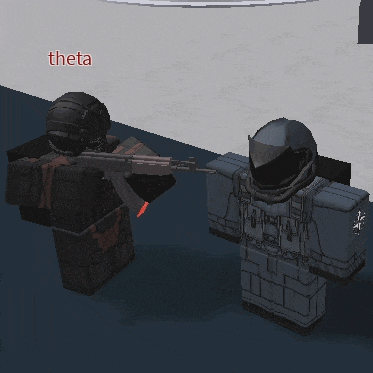 a video game character named theta is holding a rifle