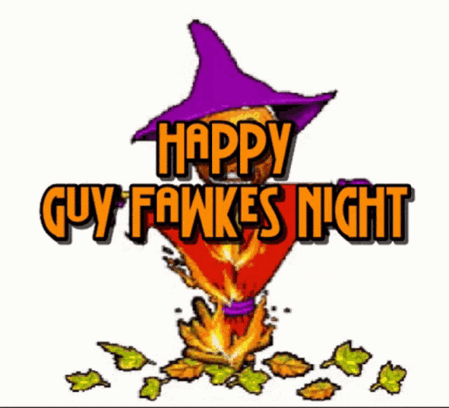 a sign that says happy guy fawkes night with a witch hat on