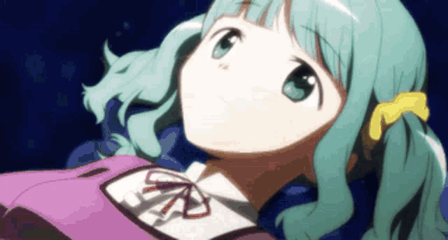 a girl with green hair and a yellow bow in her hair is looking up at the sky .