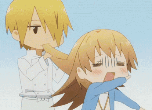 a cartoon of a boy and a girl with a girl covering her face