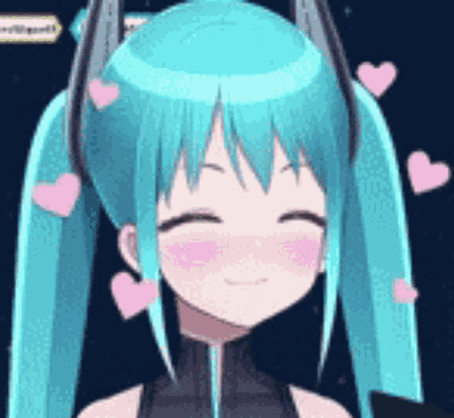 a close up of a girl with blue hair and pink hearts