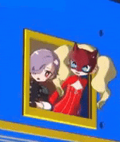 a picture of two cartoon characters in a frame on a blue wall .