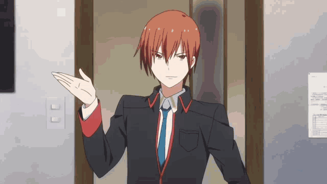 a red haired anime character in a suit and tie