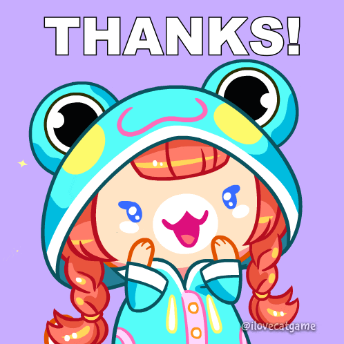 an illustration of a girl wearing a frog hood with the words thanks