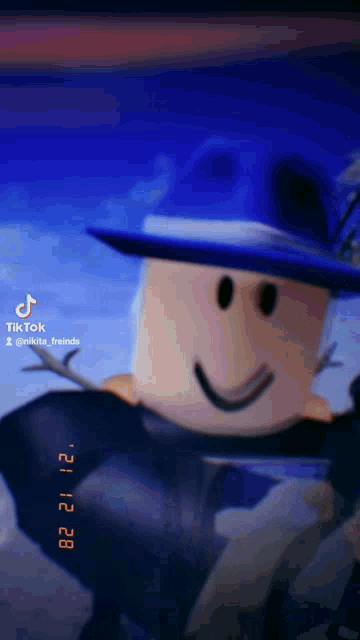 a picture of a roblox character with a blue hat and a smile on his face