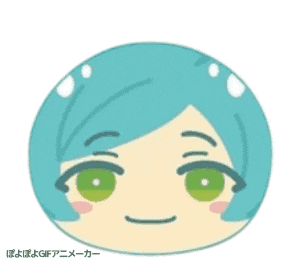 a cartoon character with green eyes and blue hair is smiling