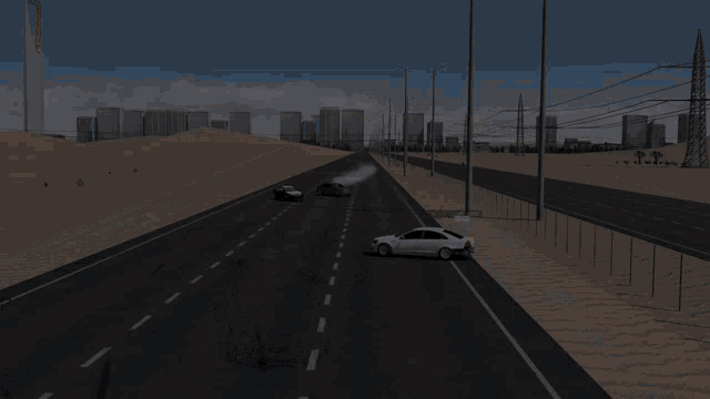 a computer generated image of a desert highway with cars driving down it
