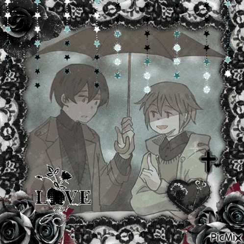 a picture of two people holding an umbrella with the word love written on the bottom