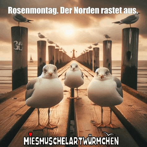 three seagulls standing on a wooden pier with the caption rosenmontag der norden rastet aus