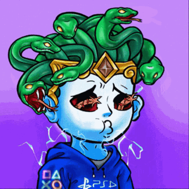 a cartoon drawing of a medusa with snakes on her head