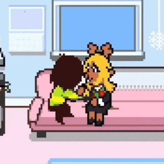 two cartoon characters are sitting on a pink couch .