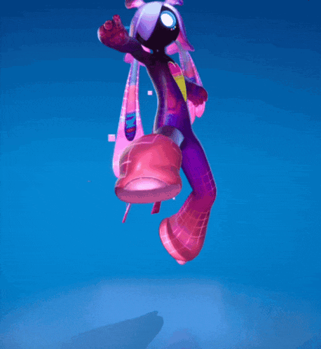 a cartoon character is flying through the air with a blue sky in the background
