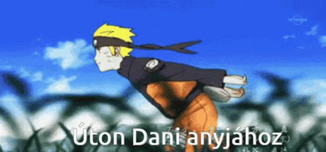 a cartoon of a boy running with the words uton dani anyjahoz