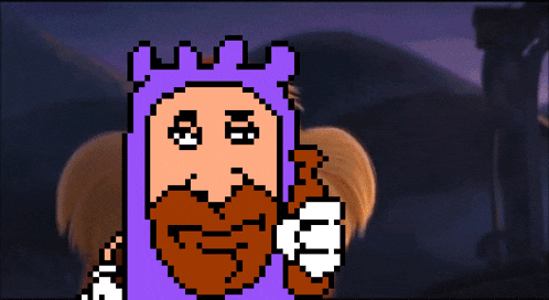 a pixel art of a man with a beard and a purple crown