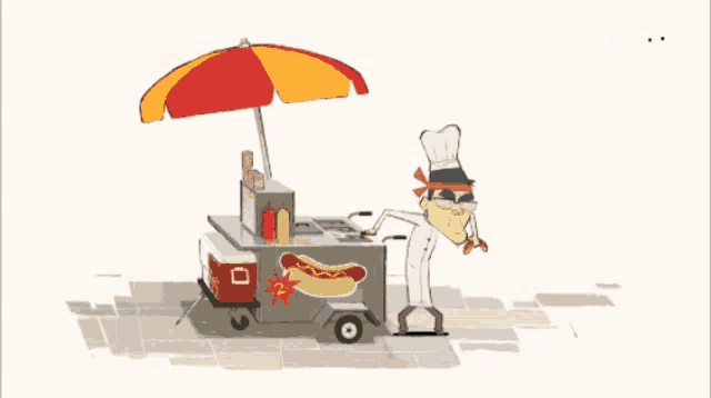 a cartoon of a man standing next to a hot dog cart with an umbrella