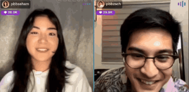 a man and a woman are smiling in front of a screen that says pbbseham and 29.3k