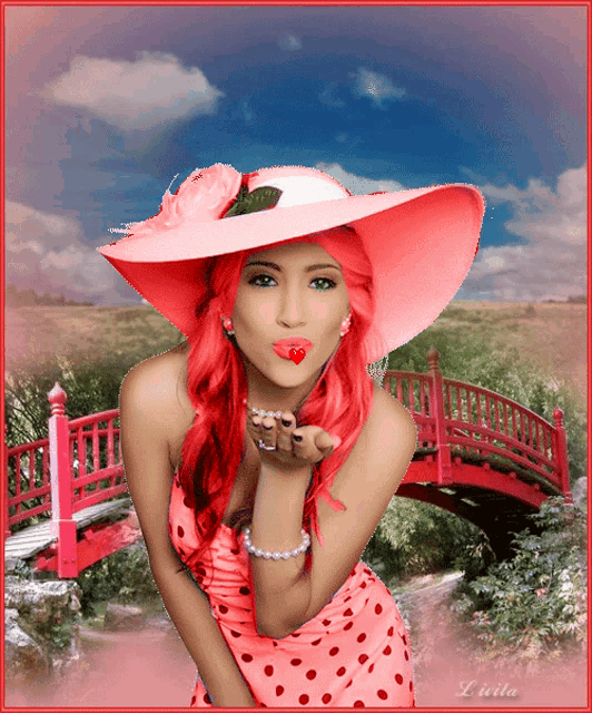 a woman blowing a kiss wearing a pink hat and polka dot dress