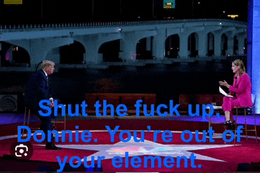 a man and a woman on a stage with the words shut the fuck up donnie