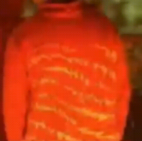 a close up of a person wearing a red sweater