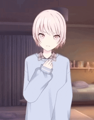 a girl with white hair is wearing a blue sweater and a plaid shirt
