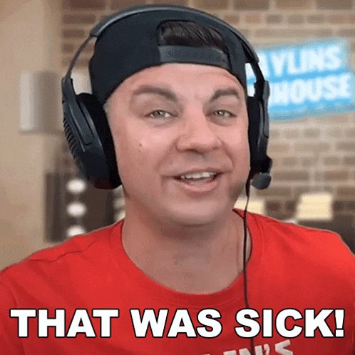 a man wearing headphones says " that was sick " in front of a skyline house sign