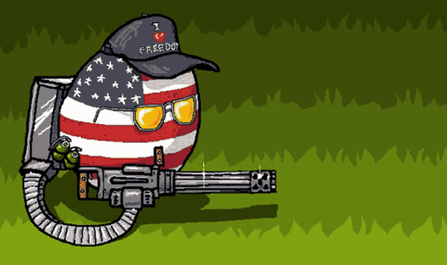 a cartoon of an american flag holding a machine gun and wearing a hat that says i love freedom