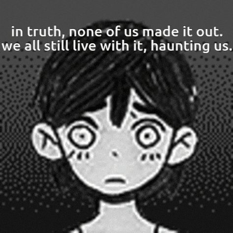 a black and white drawing of a girl with the words " in truth none of us made it out "