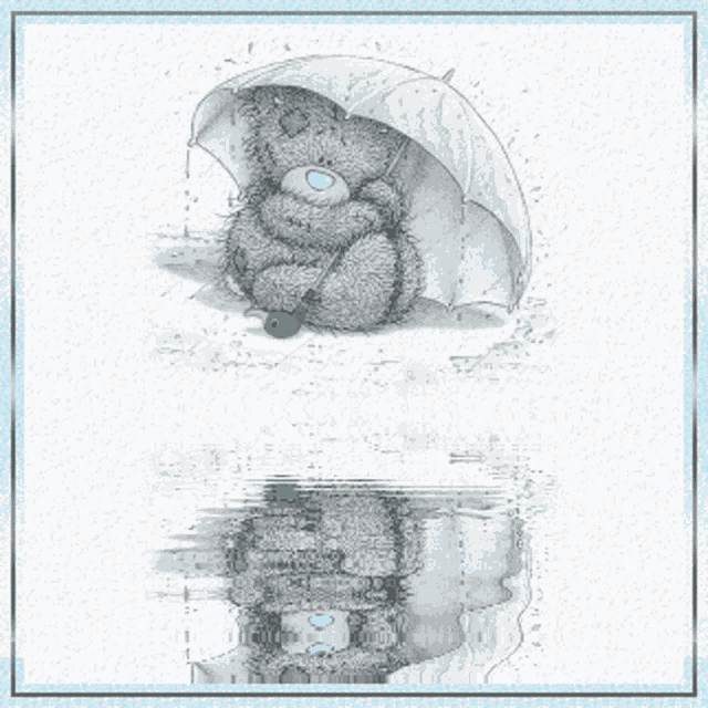 a teddy bear sitting under an umbrella with a reflection in the water