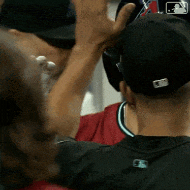 a baseball player wearing a black hat and a red shirt is getting a high five from another player .
