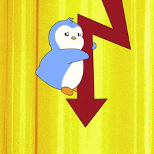 a cartoon penguin is hanging from a red arrow pointing down