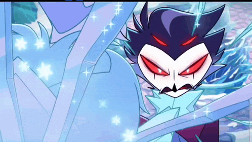 a cartoon character with red eyes and a mustache