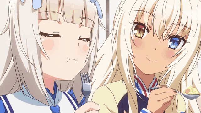 two anime girls are eating with forks and spoons and one has a blue eye