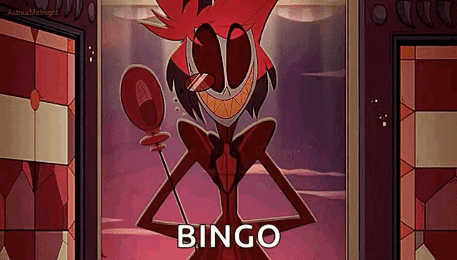 a cartoon character from helluva boss is holding a microphone and smiling while standing in front of a door .