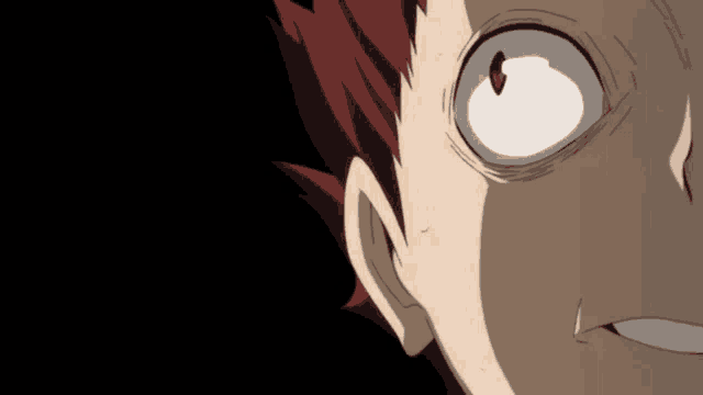 a close up of a person 's face with white eyes and red hair .