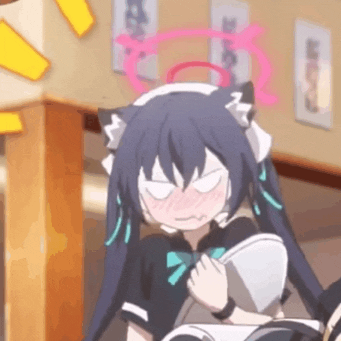 a girl with a cat ear is holding a book and making a face .