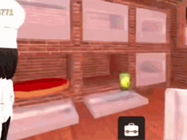 a person is standing in a room in a video game with a pizza on the table .