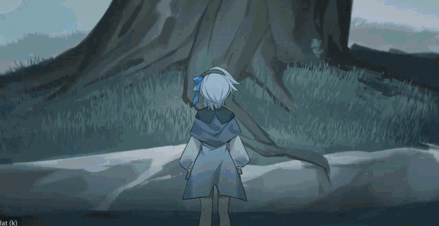a girl in a blue dress is standing in a body of water