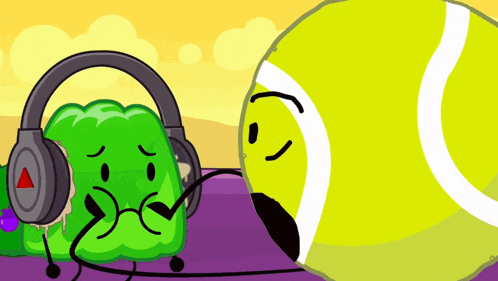 a green cartoon character wearing headphones is next to a tennis ball